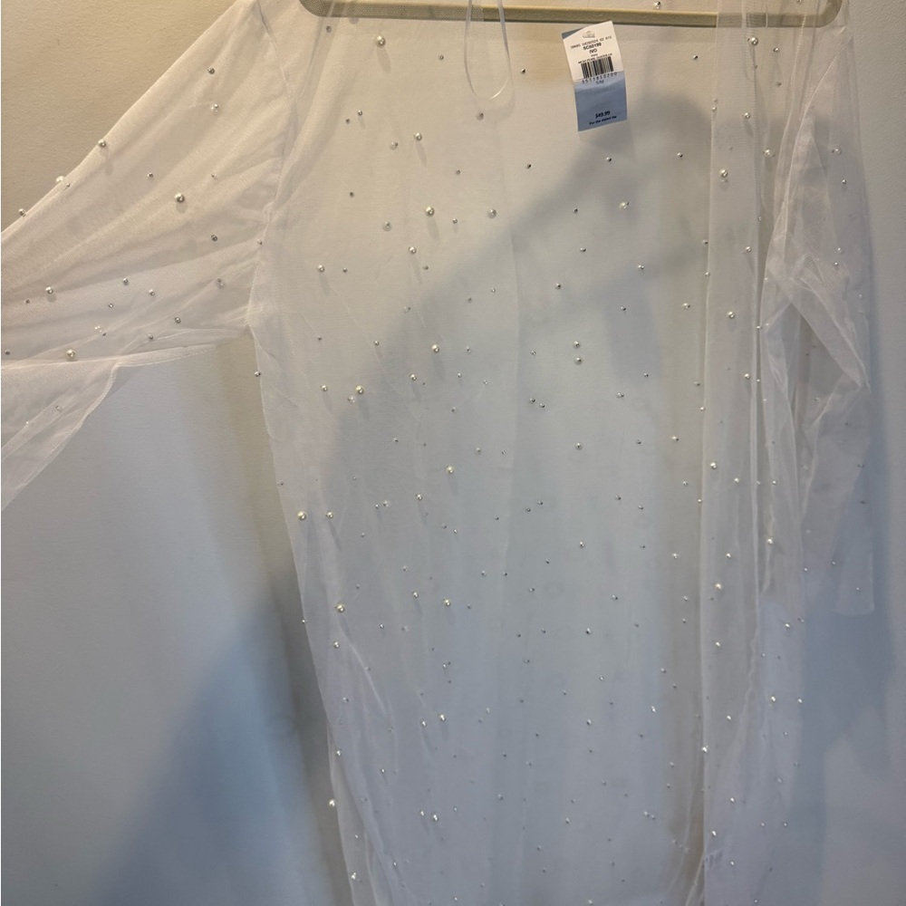 Buckle White Sheer Swim Coverup with Pearl Accents